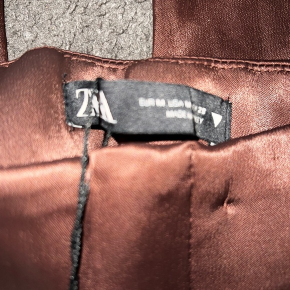 Zara Full Length Chocolate Brown High Waisted Satin Effect Pants Sz Medium NEW - Picture 6 of 7